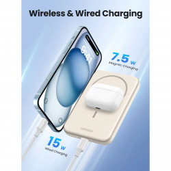 Baterie externă UGREEN PB560, 5000 mAh, PD 3.0 20 W, Qi 7,5 W, încărcare wireless magnetică, lumini LED, USB-C, alb