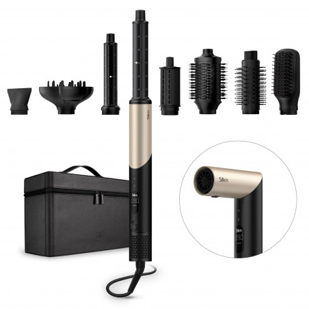 Aparat de coafat și uscat păr 8-în-1 Silk'n SilkyAir Flex SIF8PE1001, 1300 W, ondulare automată și reglare a temperaturii, 39-90 °C, 3 viteze, autocurățare, ionizare, negru/auriu