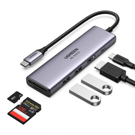 Statie de andocare 6in1 UGREEN CM511, PD 100 W, USB-C catre 3x USB-A/1x HDMI/1x SD/1x MicroSD, Pana la 4K la 60 fps, Gri