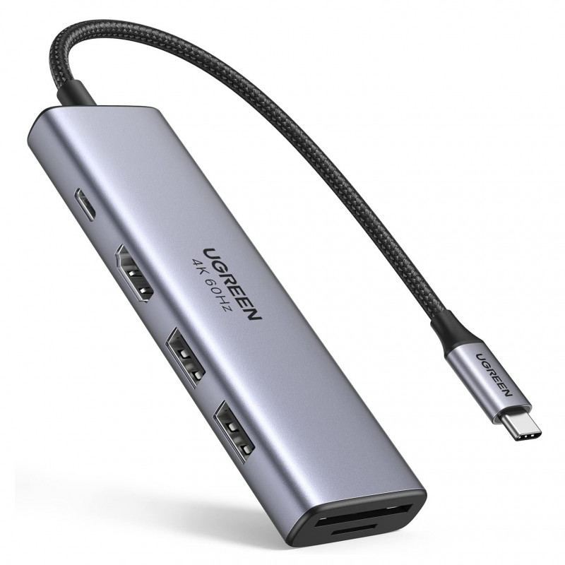 Statie de andocare 6in1 UGREEN CM511, PD 100 W, USB-C catre 3x USB-A/1x HDMI/1x SD/1x MicroSD, Pana la 4K la 60 fps, Gri