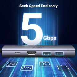 Statie de andocare 6in1 UGREEN CM511, PD 100 W, USB-C catre 3x USB-A/1x HDMI/1x SD/1x MicroSD, Pana la 4K la 60 fps, Gri