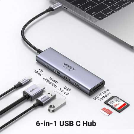 Statie de andocare 6in1 UGREEN CM511, PD 100 W, USB-C catre 3x USB-A/1x HDMI/1x SD/1x MicroSD, Pana la 4K la 60 fps, Gri