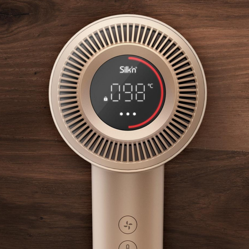 Uscător de păr Silk'n SilkyAir Pro HDB3PE1001, 1600 W, 76 km/h, 18 moduri, control automat al temperaturii, 39-98 °C, ionizare, 3 accesorii, LED, roz auriu