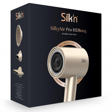 Uscător de păr Silk'n SilkyAir Pro HDB3PE1001, 1600 W, 76 km/h, 18 moduri, control automat al temperaturii, 39-98 °C, ionizare, 3 accesorii, LED, roz auriu