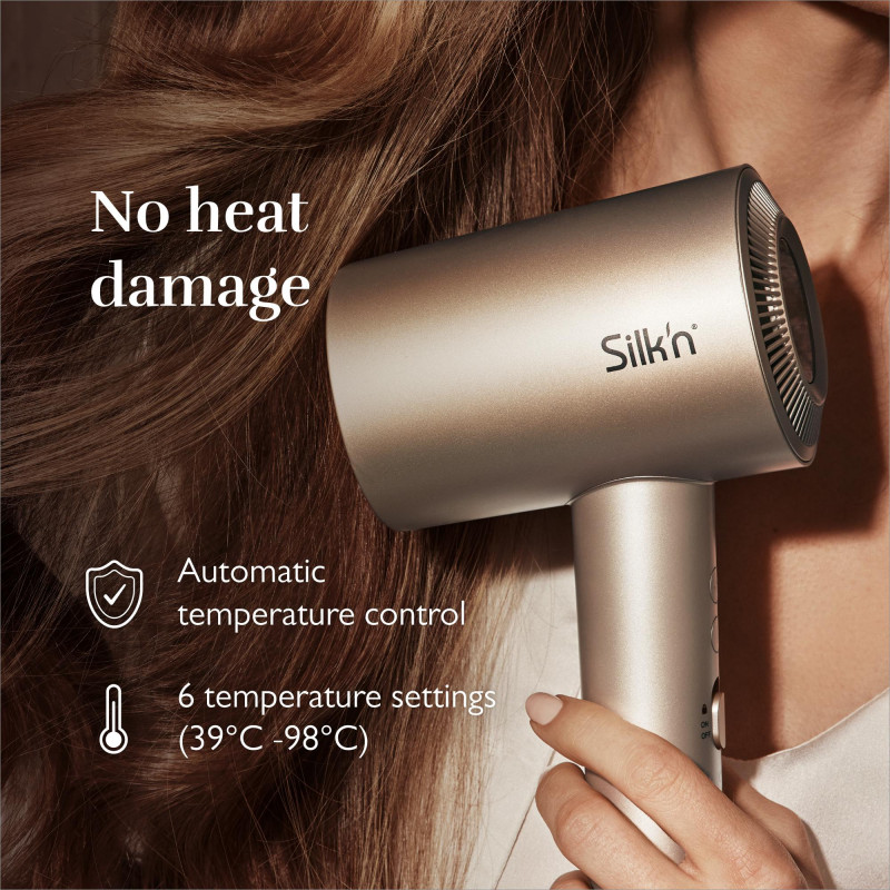 Uscător de păr Silk'n SilkyAir Pro HDB3PE1001, 1600 W, 76 km/h, 18 moduri, control automat al temperaturii, 39-98 °C, ionizare, 3 accesorii, LED, roz auriu