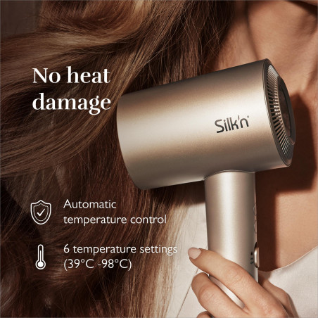 Uscător de păr Silk'n SilkyAir Pro HDB3PE1001, 1600 W, 76 km/h, 18 moduri, control automat al temperaturii, 39-98 °C, ionizare, 3 accesorii, LED, roz auriu