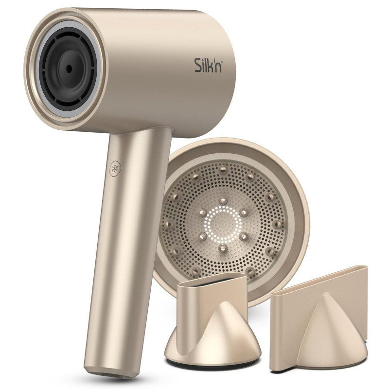 Uscător de păr Silk'n SilkyAir Pro HDB3PE1001, 1600 W, 76 km/h, 18 moduri, control automat al temperaturii, 39-98 °C, ionizare, 3 accesorii, LED, roz auriu
