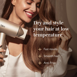 Uscător de păr Silk'n SilkyAir Pro HDB3PE1001, 1600 W, 76 km/h, 18 moduri, control automat al temperaturii, 39-98 °C, ionizare, 3 accesorii, LED, roz auriu