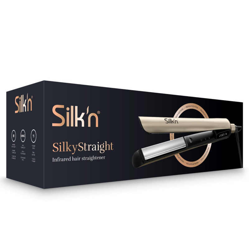 Placă de îndreptat părul Silk'n SilkyStraight SIS1PE1001, 45 W, 12 setări de temperatură, afișaj LED, plăci din titan, tehnologie cu infraroșu, ionizare, 120-230 °C, memorie, aur roz
