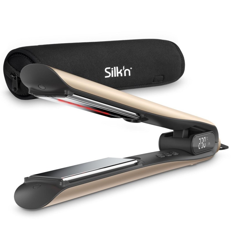 Placă de îndreptat părul Silk'n SilkyStraight SIS1PE1001, 45 W, 12 setări de temperatură, afișaj LED, plăci din titan, tehnologie cu infraroșu, ionizare, 120-230 °C, memorie, aur roz