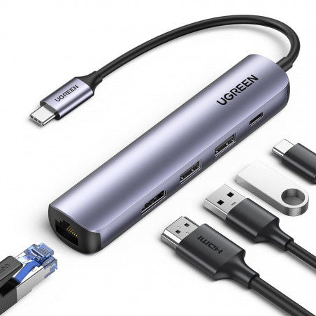 Stație de andocare 5-în-1 UGREEN CM418, PD 100 W, USB-C către 1xUSB-C (PD)/2xUSB-A/1xHDMI/RJ45, 4K la 30 fps, gri
