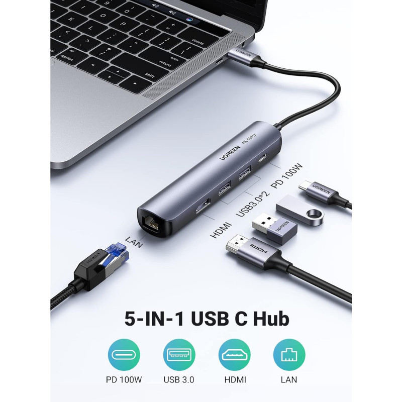 Stație de andocare 5-în-1 UGREEN CM418, PD 100 W, USB-C către 1xUSB-C (PD)/2xUSB-A/1xHDMI/RJ45, 4K la 30 fps, gri