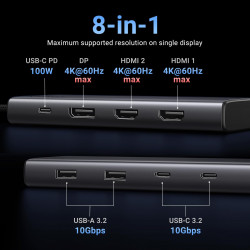 Stație de andocare 8-în-1 UGREEN CM639, PD 100 W, USB-C către 1xUSB-C (PD)/2x USB-C/2x USB-A/2x HDMI/DP, 4K la 60 fps, gri