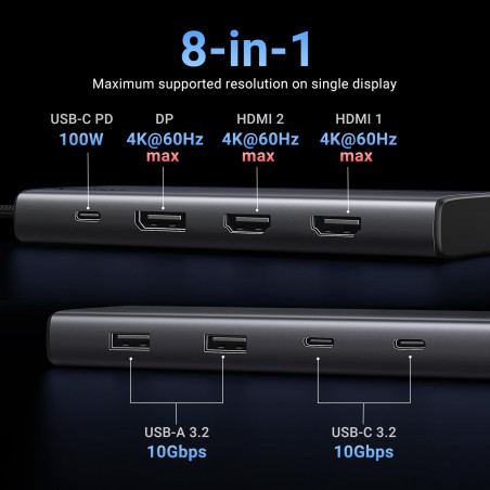 Stație de andocare 8-în-1 UGREEN CM639, PD 100 W, USB-C către 1xUSB-C (PD)/2x USB-C/2x USB-A/2x HDMI/DP, 4K la 60 fps, gri