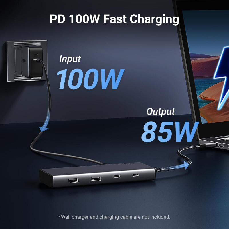 Stație de andocare 8-în-1 UGREEN CM639, PD 100 W, USB-C către 1xUSB-C (PD)/2x USB-C/2x USB-A/2x HDMI/DP, 4K la 60 fps, gri