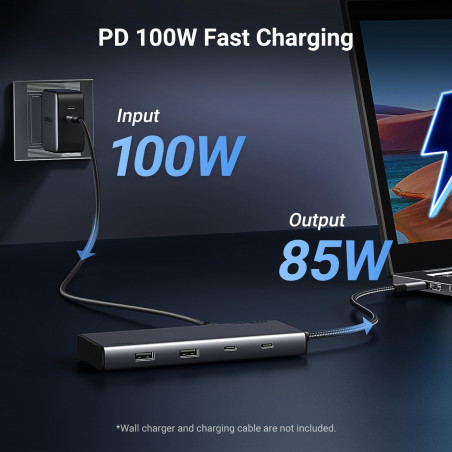 Stație de andocare 8-în-1 UGREEN CM639, PD 100 W, USB-C către 1xUSB-C (PD)/2x USB-C/2x USB-A/2x HDMI/DP, 4K la 60 fps, gri