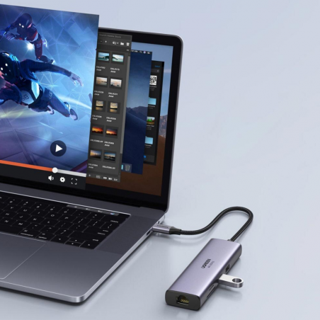Adaptor multifuncțional 6-în-1 UGREEN CM512, USB-C, 3x USB-A 3.0, HDMI, RJ45 LAN, USB-C PD, 4K la 30 Hz, Gri