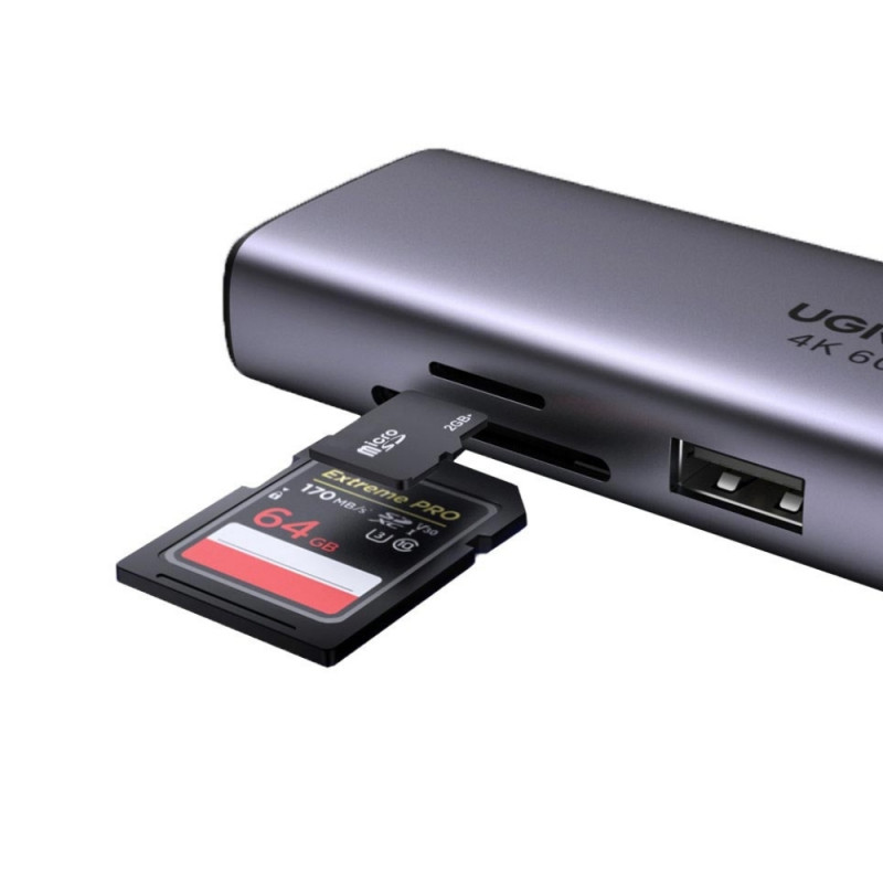 Adaptor multifuncțional 6-în-1 UGREEN CM512, USB-C, 3x USB-A 3.0, HDMI, RJ45 LAN, USB-C PD, 4K la 30 Hz, Gri