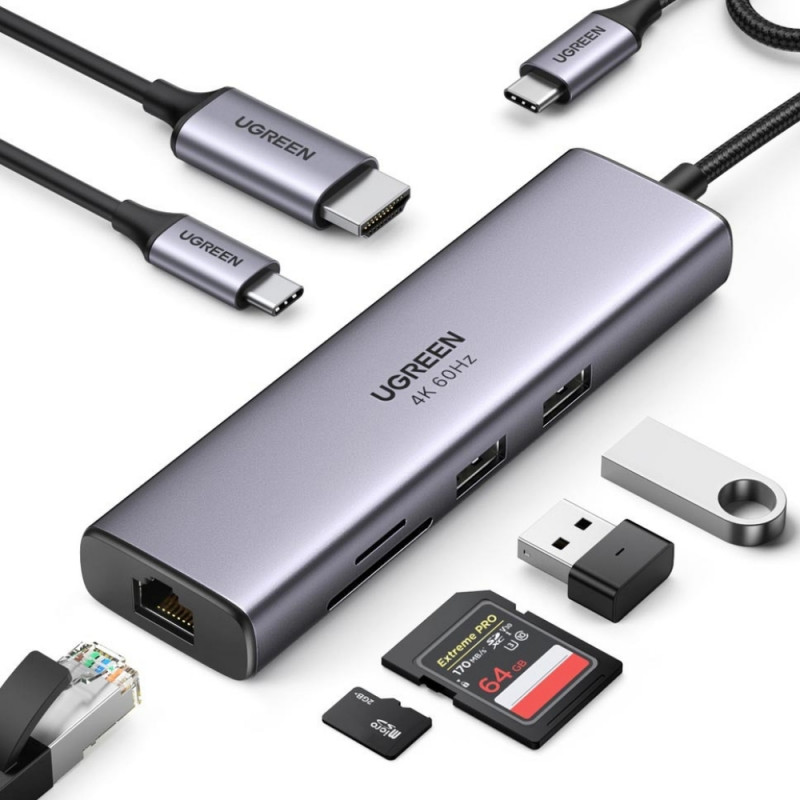 Adaptor multifuncțional 6-în-1 UGREEN CM512, USB-C, 3x USB-A 3.0, HDMI, RJ45 LAN, USB-C PD, 4K la 30 Hz, Gri