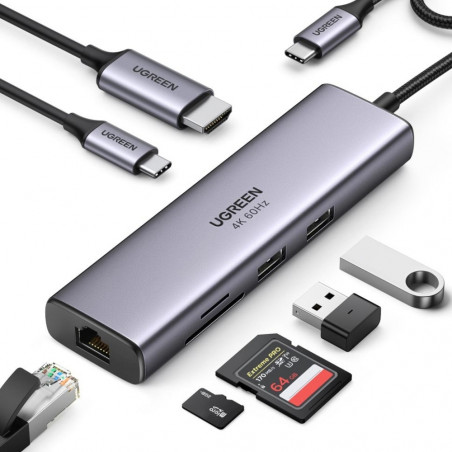 Adaptor multifuncțional 6-în-1 UGREEN CM512, USB-C, 3x USB-A 3.0, HDMI, RJ45 LAN, USB-C PD, 4K la 30 Hz, Gri