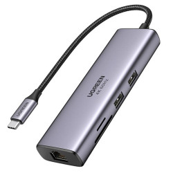 Adaptor multifuncțional 6-în-1 UGREEN CM512, USB-C, 3x USB-A 3.0, HDMI, RJ45 LAN, USB-C PD, 4K la 30 Hz, Gri