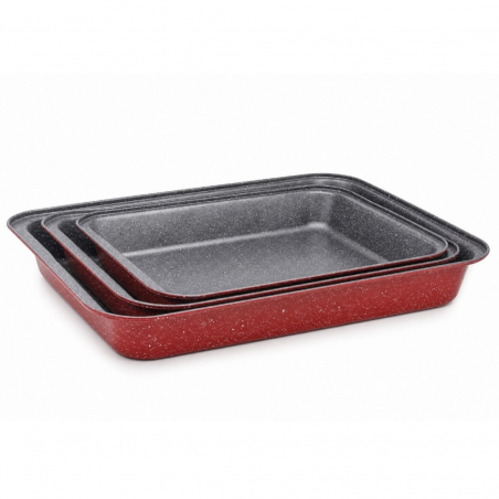 Set tavi de copt Oliver Voltz OV51222RS3, 3 buc, Acoperire din ceramica si marmura, Otel carbon, Fara PFOA, Rosu melanj