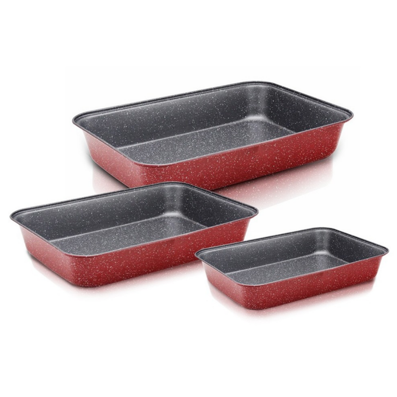 Set tavi de copt Oliver Voltz OV51222RS3, 3 buc, Acoperire din ceramica si marmura, Otel carbon, Fara PFOA, Rosu melanj