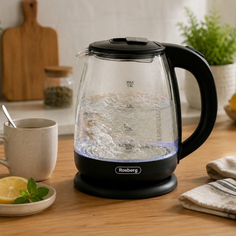 Cana electrica Rosberg R51230AE, 1500 W, 1,8 l, Element de incalzire incorporat, Sticla, Indicator, Negru