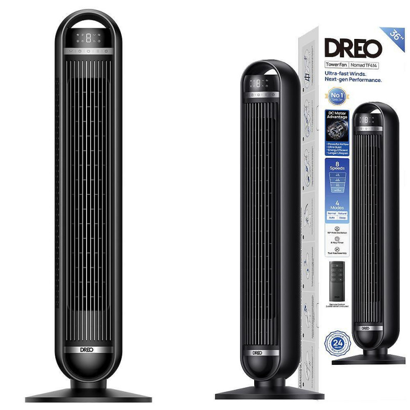 Ventilator turn Dreo Nomad TF414, 35 W, 92 cm, 1961 m³/h, 8 viteze, 4 moduri, oscilație, negru