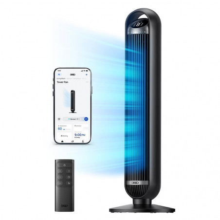 Ventilator de podea Dreo Tower Fan 413S, 35 W, 92 cm, 1961 m³/h, 8 viteze, 4 moduri, oscilație, aplicație mobilă, comenzi vocale, negru