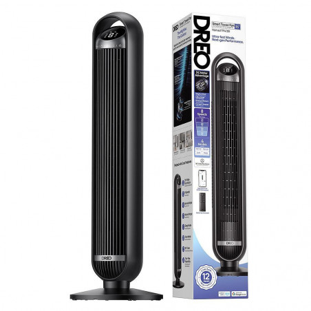 Ventilator de podea Dreo Tower Fan 413S, 35 W, 92 cm, 1961 m³/h, 8 viteze, 4 moduri, oscilație, aplicație mobilă, comenzi vocale, negru