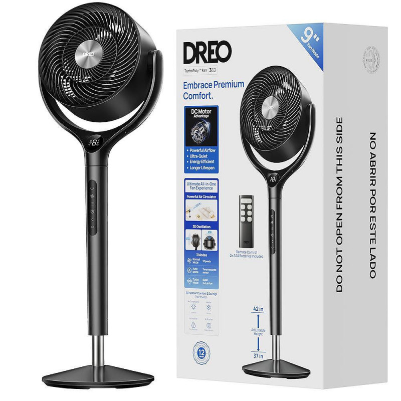 Ventilator Dreo TurboPoly™ Fan 362, 36 W, 3 moduri, 9 viteze, oscilație 3D 120°, HyperSilent, Negru