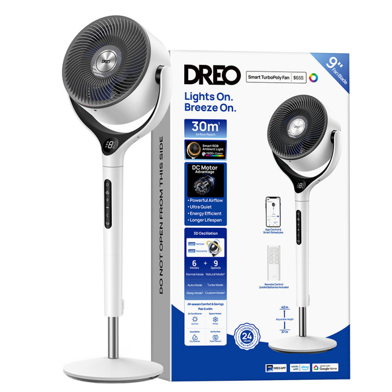 Ventilator Dreo TurboPoly™ Fan 565S, 36 W, 6 moduri, 9 viteze, oscilație 3D 120°, aplicație mobilă, Wi-Fi, RGB, HyperSilent, alb