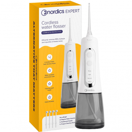 Irigator dentar Nordics Expert EA139W, 300 ml, 5 moduri, 5 jeturi de aer, IPX7, Duza rotativa la 360°, USB-C, Alb