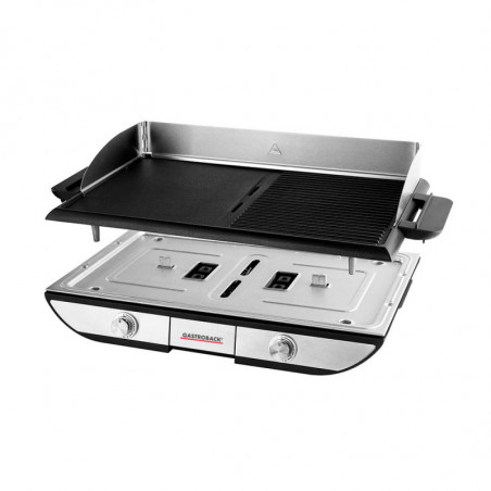 Grătar electric cu plăci mobile Gastroback Advanced Pro 42523, 2300 W, 50 x 30 cm, 90-240 °C, suprafață netedă/striată, antiaderentă, tavă pentru grăsime, negru/inoxidabil