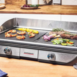 Grătar electric cu plăci mobile Gastroback Advanced Pro 42523, 2300 W, 50 x 30 cm, 90-240 °C, suprafață netedă/striată, antiaderentă, tavă pentru grăsime, negru/inoxidabil