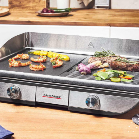 Grătar electric cu plăci mobile Gastroback Advanced Pro 42523, 2300 W, 50 x 30 cm, 90-240 °C, suprafață netedă/striată, antiaderentă, tavă pentru grăsime, negru/inoxidabil