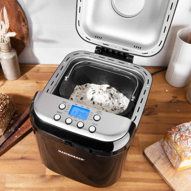 Mașină de pâine Gastroback Design Pro 42822, 500 W, 500-750-1000 g, 19 programe, vas antiaderent, 7 tipuri de pâine, 3 niveluri de coacere, negru