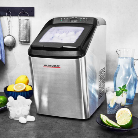 Mașină de gheață Gastroback Bartender Pro 41143, 145 W, 15 kg/24 ore, 2,8 l, 2 dimensiuni, R600a, LED, fără CFC, inox/negru