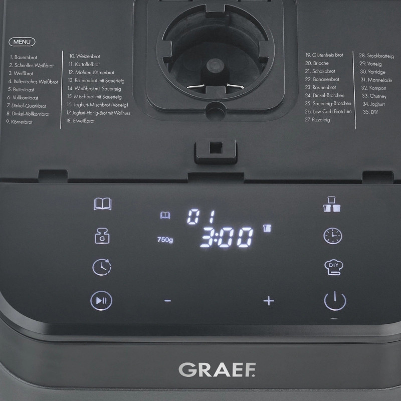 Mașină de pâine Graef BA806, 520 W, 500–750 g, 36 de programe, strat antiaderent, 3 niveluri de rumenire, temporizator cu pornire întârziată, negru