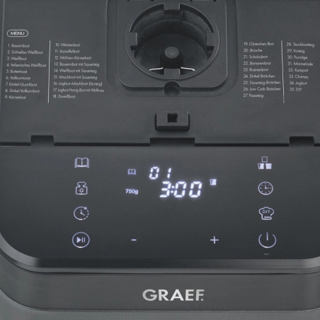 Mașină de pâine Graef BA806, 520 W, 500–750 g, 36 de programe, strat antiaderent, 3 niveluri de rumenire, temporizator cu pornire întârziată, negru