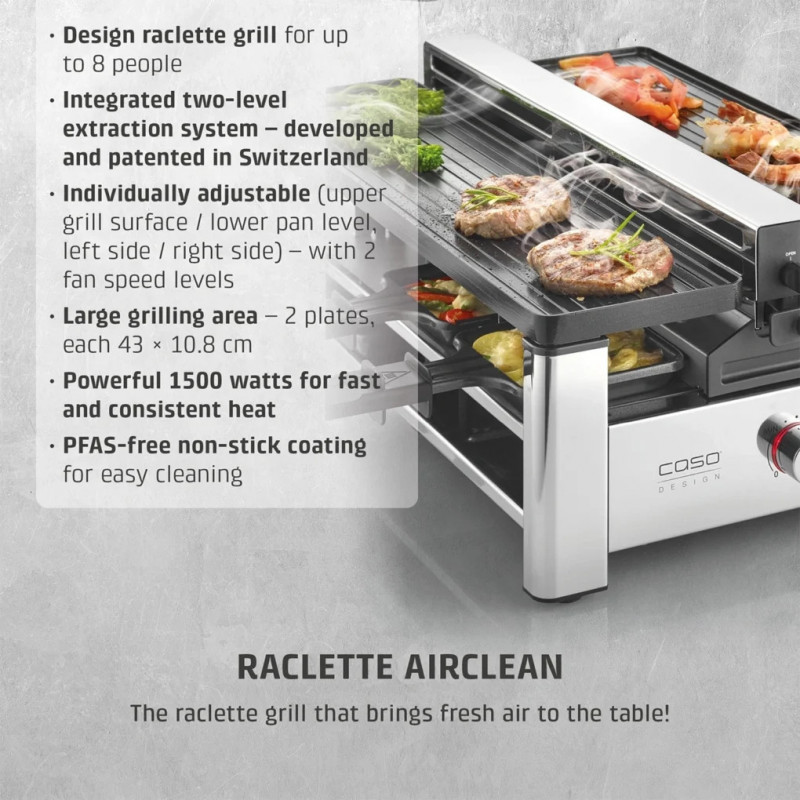 Grătar pentru raclette CASO Design Raclette AirClean, 1500 W, plăci ceramice, sistem pentru reducerea mirosurilor și a fumului, filtru, oțel inoxidabil
