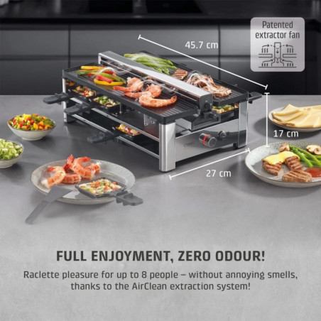 Grătar pentru raclette CASO Design Raclette AirClean, 1500 W, plăci ceramice, sistem pentru reducerea mirosurilor și a fumului, filtru, oțel inoxidabil