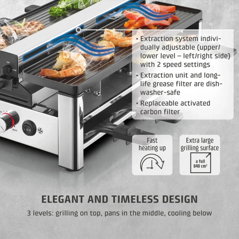Grătar pentru raclette CASO Design Raclette AirClean, 1500 W, plăci ceramice, sistem pentru reducerea mirosurilor și a fumului, filtru, oțel inoxidabil