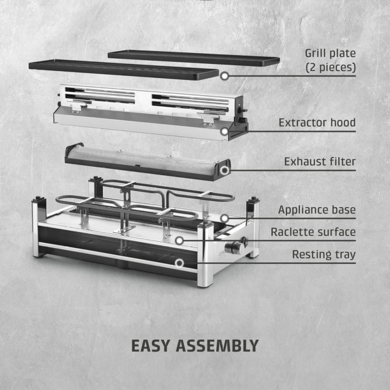 Grătar pentru raclette CASO Design Raclette AirClean, 1500 W, plăci ceramice, sistem pentru reducerea mirosurilor și a fumului, filtru, oțel inoxidabil
