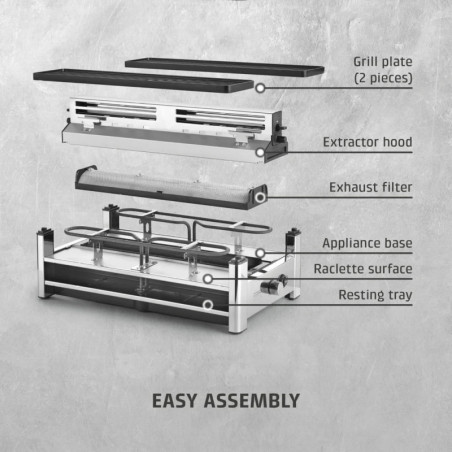 Grătar pentru raclette CASO Design Raclette AirClean, 1500 W, plăci ceramice, sistem pentru reducerea mirosurilor și a fumului, filtru, oțel inoxidabil