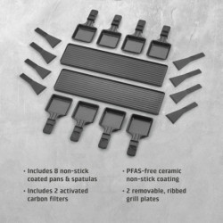 Grătar pentru raclette CASO Design Raclette AirClean, 1500 W, plăci ceramice, sistem pentru reducerea mirosurilor și a fumului, filtru, oțel inoxidabil