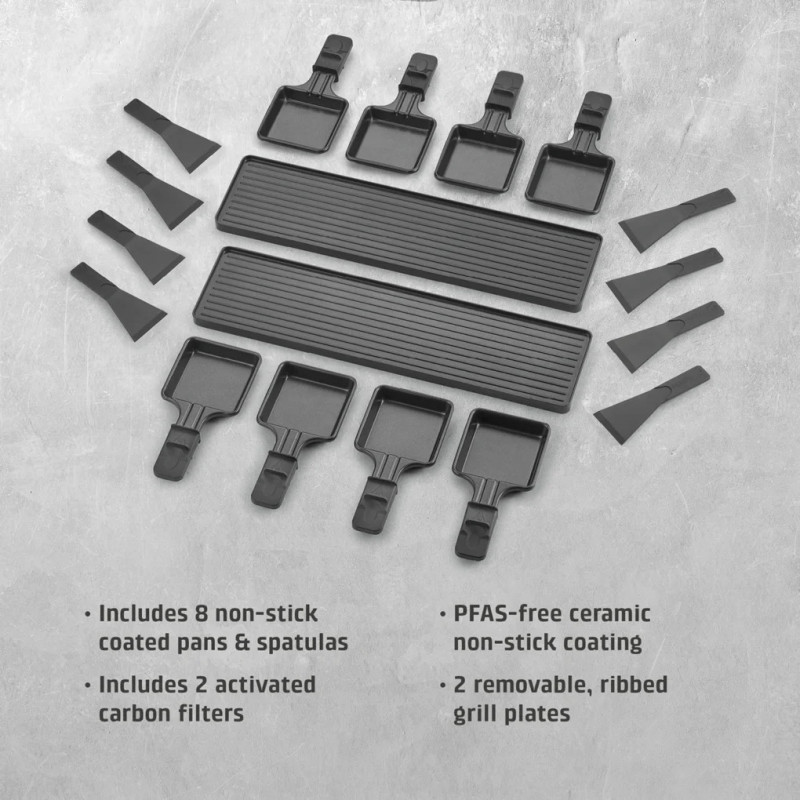 Grătar pentru raclette CASO Design Raclette AirClean, 1500 W, plăci ceramice, sistem pentru reducerea mirosurilor și a fumului, filtru, oțel inoxidabil