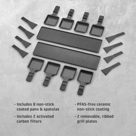 Grătar pentru raclette CASO Design Raclette AirClean, 1500 W, plăci ceramice, sistem pentru reducerea mirosurilor și a fumului, filtru, oțel inoxidabil