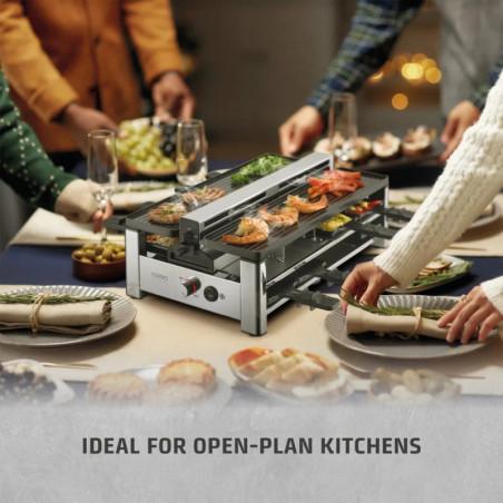 Grătar pentru raclette CASO Design Raclette AirClean, 1500 W, plăci ceramice, sistem pentru reducerea mirosurilor și a fumului, filtru, oțel inoxidabil
